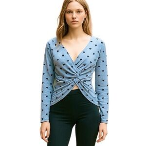 Candie’s Heart Shaped Polkadots V-Neck High Low Twist Front Cropped Blue Sweater